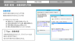 自動承認
承認作業を自動化することが可能
複数の規則を作成することも可能
以下の組み合わせで設定可能
◼ 特定のグループ (自身で作成したグループ)
◼ 特定の分類 (修正プログラム集、重要な更新など)
◼ 特定の製品 (Windows Office など)
◼ 期日 (何日後の何時までにインストールするか)
同期 承認・配信 検出・適用
承認・配信 – 自動承認も可能
自動承認を設定することで、クライアントへも自
動的に配信が可能に。
毎月の作業が完全自動化される。
Tips : 自動承認
 