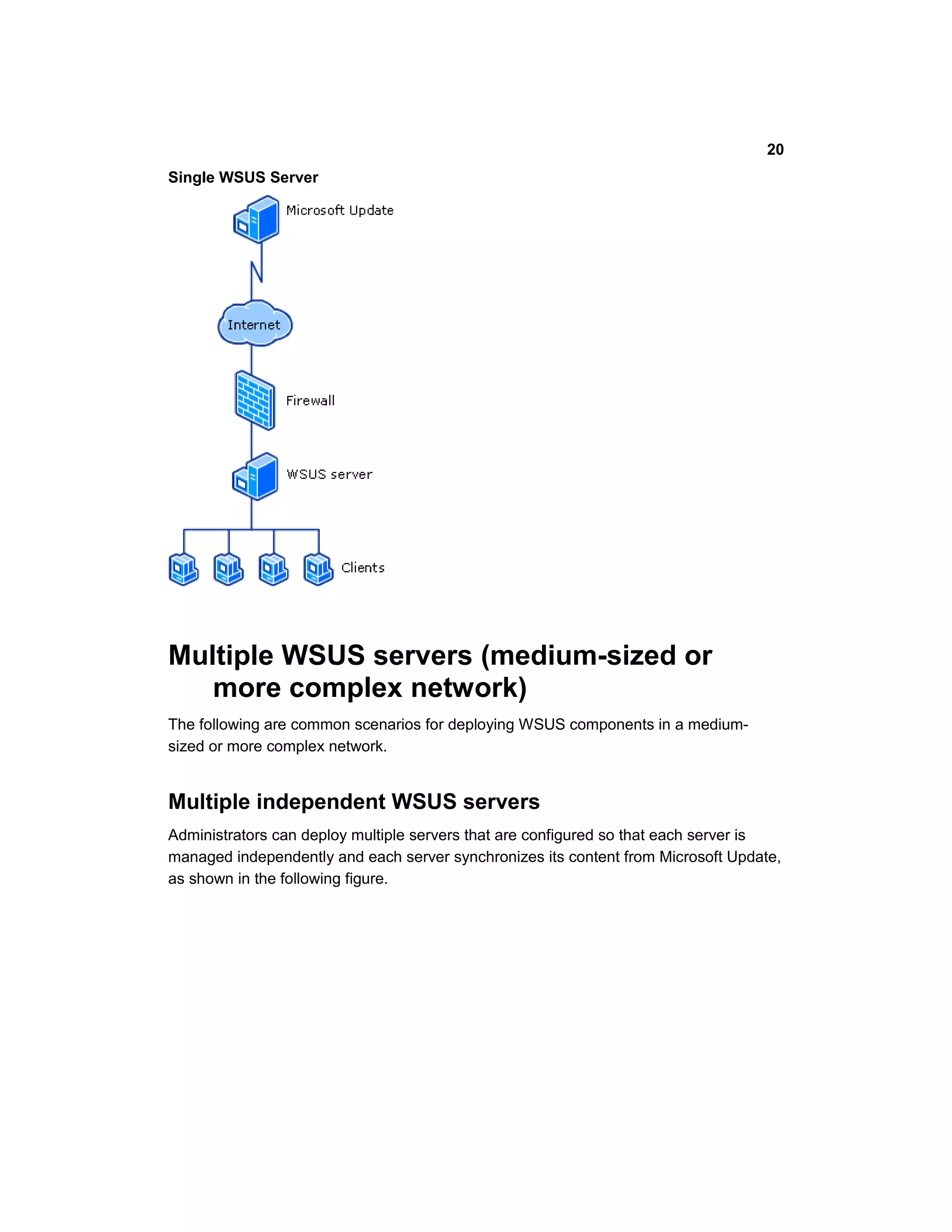Single WSUS Server
Multiple WSUS servers (medium-sized or
more complex network)
The following are common scenarios for deploying WSUS components in a medium-
sized or more complex network.
Multiple independent WSUS servers
Administrators can deploy multiple servers that are configured so that each server is
managed independently and each server synchronizes its content from Microsoft Update,
as shown in the following figure.
20
 