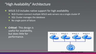 “Roaming” ArchitectureFour Steps to Internet-facing WSUSBuild server in DMZ and position behind ISA proxyLocate database on server not reachable from InternetEnable SSL for communicationsHost content on Microsoft Update21Laptop WSUSLaptops