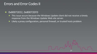 Errors and Error CodesNumerous WSUS error codes exist.A complete list of all WSUS error codes is available on-line at http://inetexplorer.mvps.org/archive/ windows_update_codes.htmFor example, 0x8DDD0018 occurs when one of these services is DisabledAutomatic UpdatesBITSEvent Log26