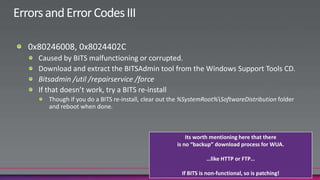 Errors and Error Codes II0x80072EE2, 0x80072EFDThis issue occurs because the Windows Update client did not receive a timely response from the Windows Update Web site server. Likely a proxy configuration, personal firewall, or trusted hosts problem27