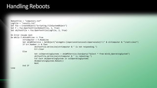 What About Reboots?I’ve said this before, and I’ll say it again:“If you have a patch management plan without a reboot strategy, you don’t have a patch management plan.”Three methods:Client-initiatedWSUS-initiatedScript-initiatedTwo methodologies:Scheduled reboots vs. rebooting for patch installationI will argue in favor of scheduled, forced rebootsover mid-day reboots.39