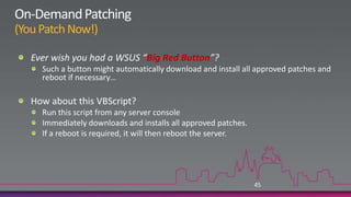 Agent ControlUse WUA API to control the agentCustom install schedulesUpdating servers in web farmsImplementing “install now” functionality