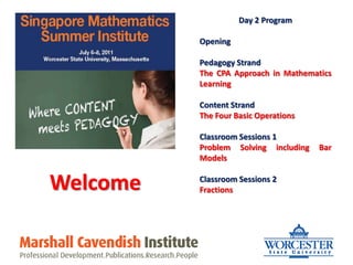 Day 2 Program Opening Pedagogy Strand The CPA Approach in Mathematics Learning Content Strand The Four Basic Operations Classroom Sessions 1 Problem Solving including Bar Models Classroom Sessions 2 Fractions Welcome 
