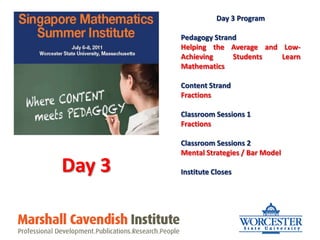 Day 3 Program Pedagogy Strand Helping the Average and Low- Achieving Students Learn Mathematics Content Strand Fractions Classroom Sessions 1 Fractions Classroom Sessions 2 Mental Strategies / Bar Model Institute Closes Day 3 