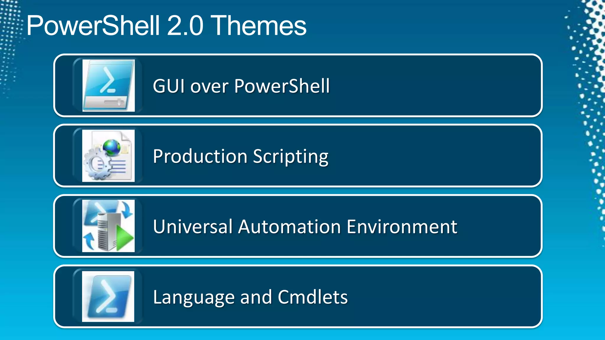 PowerShell 2.0 ThemesProduction ScriptingUniversal Automation EnvironmentGUI over PowerShellLanguage and Cmdlets