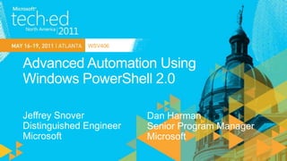 Advanced Automation UsingWindows PowerShell 2.0WSV406Jeffrey SnoverDistinguished EngineerMicrosoftDan HarmanSenior Program ManagerMicrosoft