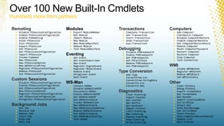 Over 100 New Built-In CmdletsHundreds more from partnersModulesExport-ModuleMemberGet-ModuleImport-ModuleNew-ModuleNew-ModuleManifestRemove-ModuleTest-ModuleManifestEventingGet-EventGet-EventSubscriberNew-EventRegister-EngineEventRegister-ObjectEventRemove-EventUnregister-EventWait-EventWS-ManConnect-WSManDisable-WSManCredSSPDisconnect-WSManEnable-WSManCredSSPGet-WSManCredSSPGet-WSManInstanceInvoke-WSManActionNew-WSManInstanceNew-WSManSessionOptionRemove-WSManInstanceSet-WSManInstanceSet-WSManQuickConfigTest-WSManTransactionsComplete-TransactionGet-TransactionStart-TransactionUndo-TransactionUse-TransactionDebuggingDisable-PSBreakpointEnable-PSBreakpointGet-PSBreakpointGet-PSCallStackRemove-PSBreakpointSet-PSBreakpointType ConversionAdd-TypeConvertFrom-CsvConvertFrom-StringDataConvertTo-CsvConvertTo-XmlDiagnosticsClear-EventLogExport-CounterGet-CounterGet-HotfixGet-WinEventImport-CounterLimit-EventLogNew-EventLogRemove-EventLogShow-EventLogWrite-EventLogComputersAdd-ComputerCheckpoint-ComputerDisable-ComputerRestoreEnable-ComputerRestoreGet-ComputerRestorePointRemove-ComputerReset-ComputerPasswordRestart-ComputerRestore-ComputerStop-ComputerTest-ConnectionWMIInvoke-WMIMethodRegister-WMIEventRemove-WMIObjectSet-WMIInstanceOtherClear-HistoryDebug-ProcessExport-FormatDataGet-FormatDataGet-RandomImport-LocalizedDataOut-GridViewSelect-XmlSend-MailMessageSet-StrictModeStart-ProcessTest-ComputerSecureChannelUpdate-ListWait-ProcessRemotingDisable-PSSessionConfigurationEnable-PSSessionConfigurationEnable-PSRemotingEnter-PSSessionExit-PSSessionExport-PSSessionGet-PSSessionGet-PSSessionConfigurationImport-PSSessionInvoke-CommandNew-PSSessionNew-PSSessionOptionNew-WebServiceProxyRegister-PSSessionConfigurationRemove-PSSessionSet-PSSessionConfigurationCustom SessionsDisable-PSSessionConfigurationEnable-PSSessionConfigurationGet-PSSessionConfigurationNew-PSSessionOptionRegister-PSSessionConfigurationSet-PSSessionConfigurationUnregister-PSSessionConfigurationBackground JobsGet-JobReceive-JobRemove-JobStart-JobStop-JobWait-Job