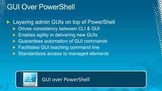 GUI Over PowerShellLayering admin GUIs on top of PowerShellDrives consistency between CLI & GUIEnables agility in delivering new GUIsGuarantees automation of GUI commandsFacilitates GUI teaching command lineStandardizes access to managed elementsGUI over PowerShell
