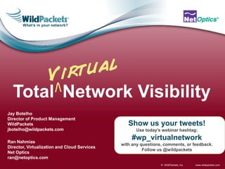 Jay Botelho
Director of Product Management
WildPackets                                      Show us your tweets!
jbotelho@wildpackets.com                            Use today’s webinar hashtag:

Ran Nahmias
                                                  #wp_virtualnetwork
                                              with any questions, comments, or feedback.
Director, Virtualization and Cloud Services
                                                        Follow us @wildpackets
Net Optics
ran@netoptics.com
                                                                © WildPackets, Inc.   www.wildpackets.com
 
