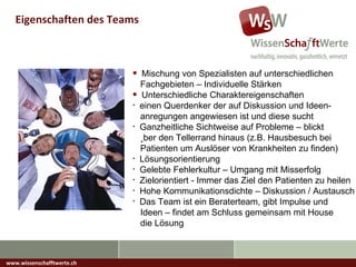 www.wissenschafftwerte.ch Eigenschaften des Teams Mischung von Spezialisten auf unterschiedlichen   Fachgebieten – Individuelle Stärken Unterschiedliche Charaktereigenschaften einen Querdenker der auf Diskussion und Ideen-   anregungen angewiesen ist und diese sucht Ganzheitliche Sichtweise auf Probleme – blickt   über den Tellerrand hinaus (z.B. Hausbesuch bei    Patienten um Auslöser von Krankheiten zu finden) Lösungsorientierung Gelebte Fehlerkultur – Umgang mit Misserfolg Zielorientiert - Immer das Ziel den Patienten zu heilen Hohe Kommunikationsdichte – Diskussion / Austausch Das Team ist ein Beraterteam, gibt Impulse und   Ideen – findet am Schluss gemeinsam mit House    die Lösung 