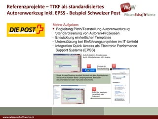 www.wissenschafftwerte.ch Referenzprojekte – TTKF als standardisiertes Autorenwerkzug inkl. EPSS - Beispiel Schweizer Post Meine Aufgaben: Begleitung Pitch/Teststellung Autorenwerkzeug Standardisierung von Autoren-Prozessen Entwicklung einheitlicher Templates Unterstützung bei Einführungsprojekten im IT-Umfeld Integration Quick Access als Electronic Performance   Support Systems (EPSS) 