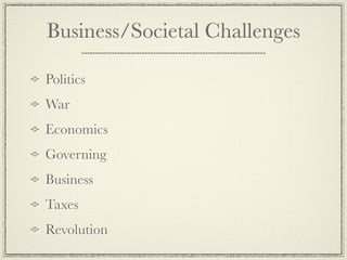 Business/Societal Challenges

Politics
War
Economics
Governing
Business
Taxes
Revolution
 
