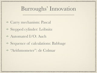 Burroughs’ Innovation

Carry mechanism: Pascal
Stepped cylinder: Leibnitz
Automated I/O: Auch
Sequence of calculations: Babbage
“Arithmometer”: de Colmar
 