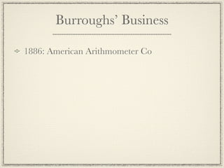 Burroughs’ Business

1886: American Arithmometer Co
 
