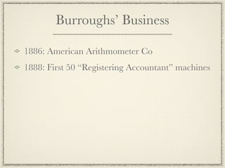 Burroughs’ Business

1886: American Arithmometer Co
1888: First 50 “Registering Accountant” machines
 