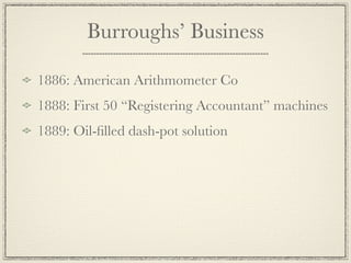 Burroughs’ Business

1886: American Arithmometer Co
1888: First 50 “Registering Accountant” machines
1889: Oil-ﬁlled dash-pot solution
 