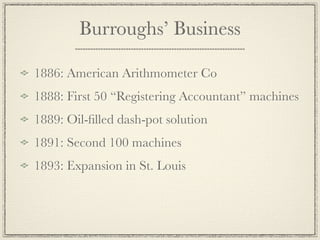 Burroughs’ Business

1886: American Arithmometer Co
1888: First 50 “Registering Accountant” machines
1889: Oil-ﬁlled dash-pot solution
1891: Second 100 machines
1893: Expansion in St. Louis
 