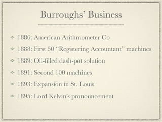 Burroughs’ Business

1886: American Arithmometer Co
1888: First 50 “Registering Accountant” machines
1889: Oil-ﬁlled dash-pot solution
1891: Second 100 machines
1893: Expansion in St. Louis
1895: Lord Kelvin’s pronouncement
 