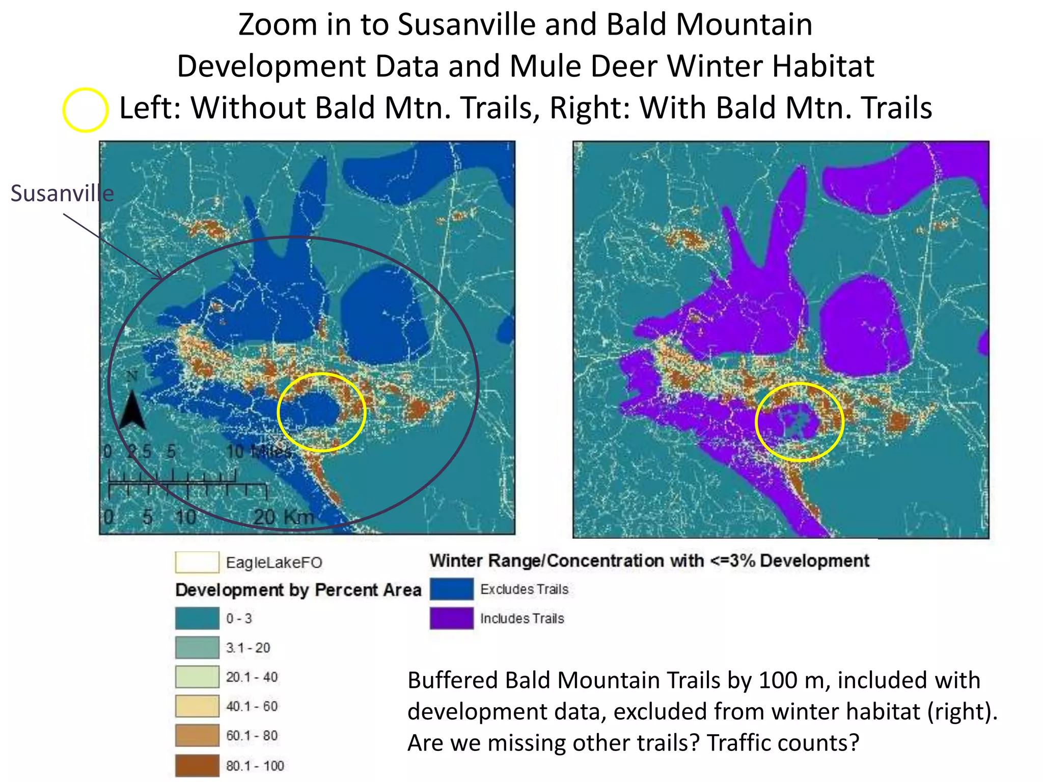 Zoom in to Susanville and Bald Mountain
Development Data and Mule Deer Winter Habitat
Left: Without Bald Mtn. Trails, Right: With Bald Mtn. Trails
Susanville
Buffered Bald Mountain Trails by 100 m, included with
development data, excluded from winter habitat (right).
Are we missing other trails? Traffic counts?
 