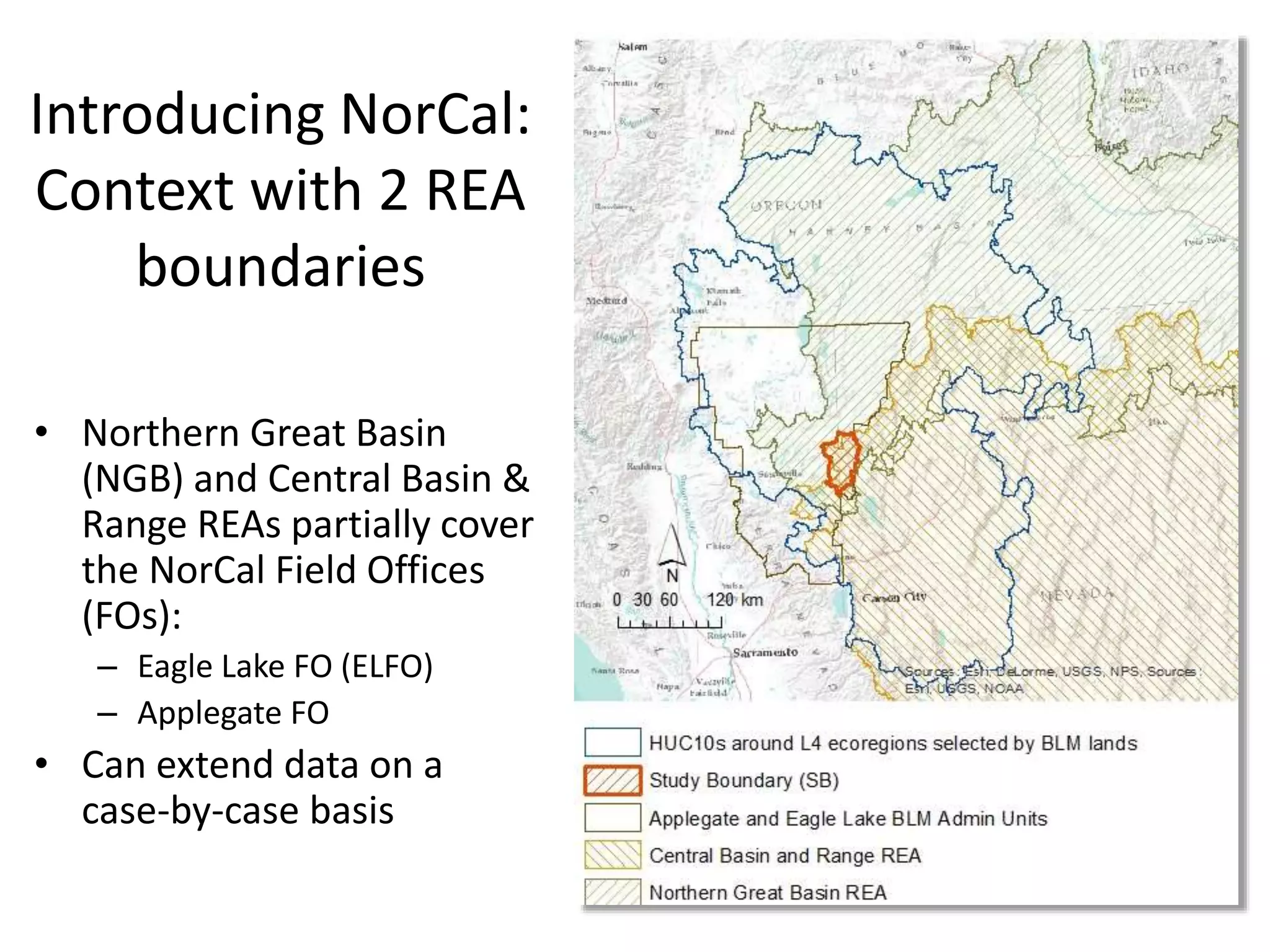 Introducing NorCal:
Context with 2 REA
boundaries
• Northern Great Basin
(NGB) and Central Basin &
Range REAs partially cover
the NorCal Field Offices
(FOs):
– Eagle Lake FO (ELFO)
– Applegate FO
• Can extend data on a
case-by-case basis
 