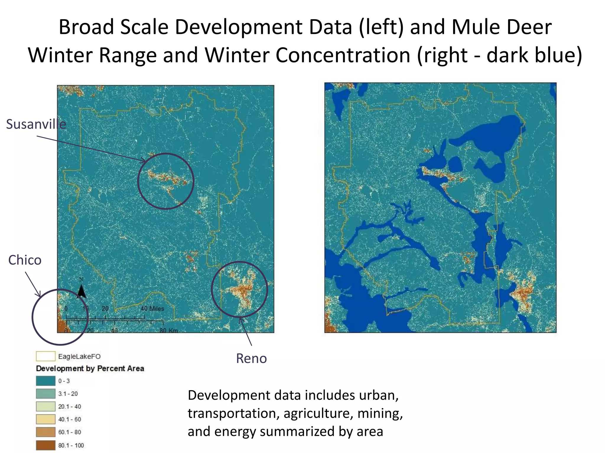 Broad Scale Development Data (left) and Mule Deer
Winter Range and Winter Concentration (right - dark blue)
Susanville
Chico
Reno
Development data includes urban,
transportation, agriculture, mining,
and energy summarized by area
 