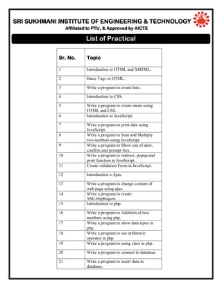 SRI SUKHMANI INSTITUTE OF ENGINEERING & TECHNOLOGY
Affiliated to PTU, & Approved by AICTE
Sr. No. Topic
1 Introduction to HTML and XHTML.
2 Basic Tags in HTML.
3 Write a program to create lists.
4 Introduction to CSS.
5 Write a program to create menu using
HTML and CSS.
6 Introduction to JavaScript.
7 Write a program to print date using
JavaScript.
8 Write a program to Sum and Multiply
two numbers using JavaScript.
9 Write a program to Show use of alert,
confirm and prompt box.
10 Write a program to redirect, popup and
print function in JavaScript..
11 Create validation Form in JavaScript.
12 Introduction o Ajax.
13 Write a program to change content of
web page using ajax.
14 Write a program to create
XMLHttpRequest .
15 Introduction to php.
16 Write a program to Addition of two
numbers using php.
17 Write a program to show data types in
php.
18 Write a program to use arithmetic
operator in php.
19 Write a program to using class in php.
20 Write a program to connect to database.
21 Write a program to insert data in
database.
List of Practical
 