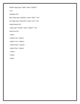 female<input type="radio" name="female">
</br>
checkbox<br/>
bike<input type=checkbox" name="bike"><br/>
car<input type="check box" name="car"><br/>
submit button<br/>
<input type="submit" value="submit"><br/>
select box<br/>
<select>
<option>one </option>
<option> two </option>
<option>three </option>
<option>four </option>
</select>
</body>
</html>
 