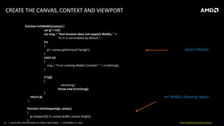 CREATE THE CANVAS, CONTEXT AND VIEWPORT
function initWebGL(canvas) {
var gl = null;
var msg = "Your browser does not support WebGL, " +
"or it is not enabled by default.";
try
{
gl = canvas.getContext(“webgl");
}
catch (e)
{
msg = "Error creating WebGL Context!: " + e.toString();
}

detect WebGL

if (!gl)
{
alert(msg);
throw new Error(msg);
}
return gl;

set WebGL drawing region

}
function initViewport(gl, canvas)
{
gl.viewport(0, 0, canvas.width, canvas.height);
}

11 | BUILD RICH APPLICATION S IN HTML5 AND WEBGL | NOVEMBER 21, 2013

http://www.tonyparisi.com/

 