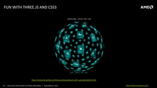 FUN WITH THREE.JS AND CSS3

http://mrdoob.github.io/three.js/examples/css3d_periodictable.html
29 | BUILD RICH APPLICATION S IN HTML5 AND WEBGL | NOVEMBER 21, 2013

http://www.tonyparisi.com/

 