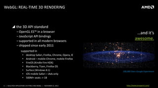 WebGL: REAL-TIME 3D RENDERING

 the 3D API standard
‒ OpenGL ES™ in a browser
‒ JavaScript API bindings
‒ supported in all modern browsers
‒ shipped since early 2011

…and it’s
awesome.

supported in
•
•
•
•

desktop Safari, Firefox, Chrome, Opera, IE
Android – mobile Chrome, mobile Firefox
FireOS (Kindle Fire HDX)
Blackberry, Tizen, Firefox OS

•

Surface (Windows 8.1)

• iOS mobile Safari – iAds only
• 500M+ seats -> 1B
6 | BUILD RICH APPLICATION S IN HTML5 AND WEBGL | NOVEMBER 21, 2013

100,000 Stars Google Experiment

http://www.tonyparisi.com/

 