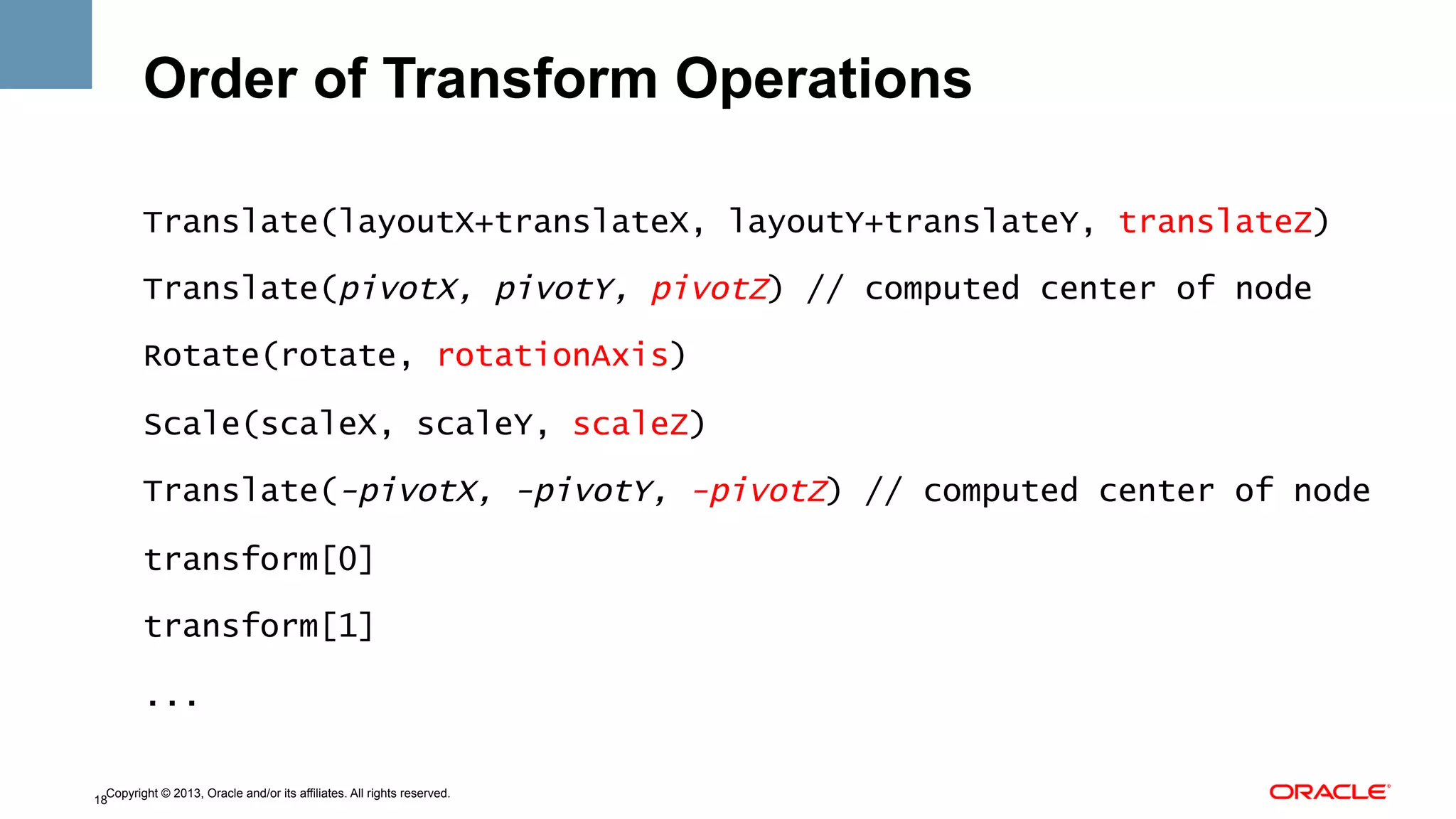 Order of Transform Operations
Translate(layoutX+translateX, layoutY+translateY, translateZ)
Translate(pivotX, pivotY, pivotZ) // computed center of node
Rotate(rotate, rotationAxis)
Scale(scaleX, scaleY, scaleZ)
Translate(-pivotX, -pivotY, -pivotZ) // computed center of node
transform[0]
transform[1]
...
Copyright © 2013, Oracle and/or its affiliates. All rights reserved.
18

 