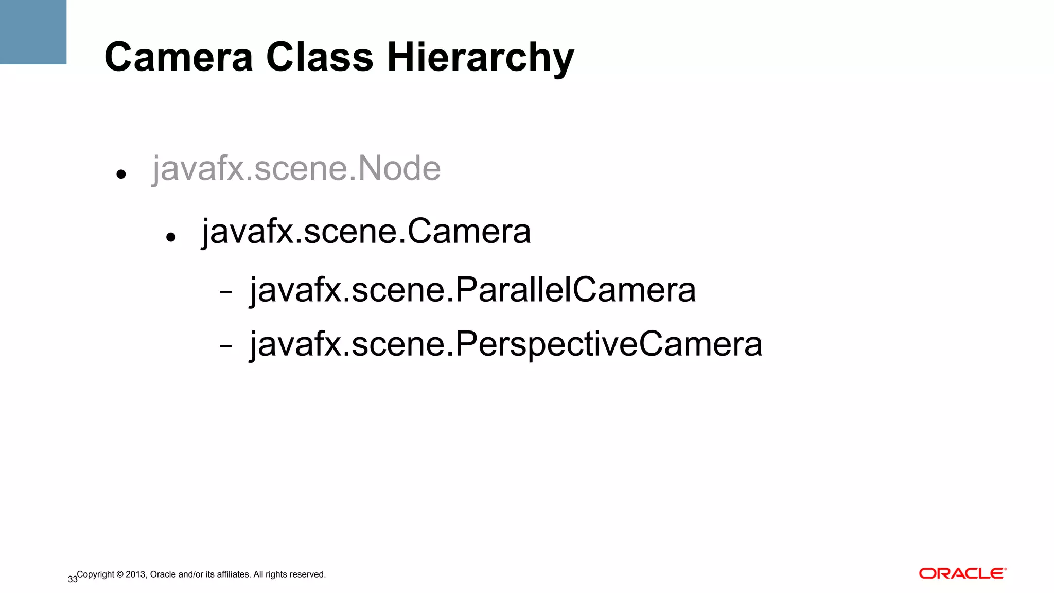 Camera Class Hierarchy
" 

javafx.scene.Node
" 

javafx.scene.Camera
- 

javafx.scene.ParallelCamera

- 

javafx.scene.PerspectiveCamera

Copyright © 2013, Oracle and/or its affiliates. All rights reserved.
33

 