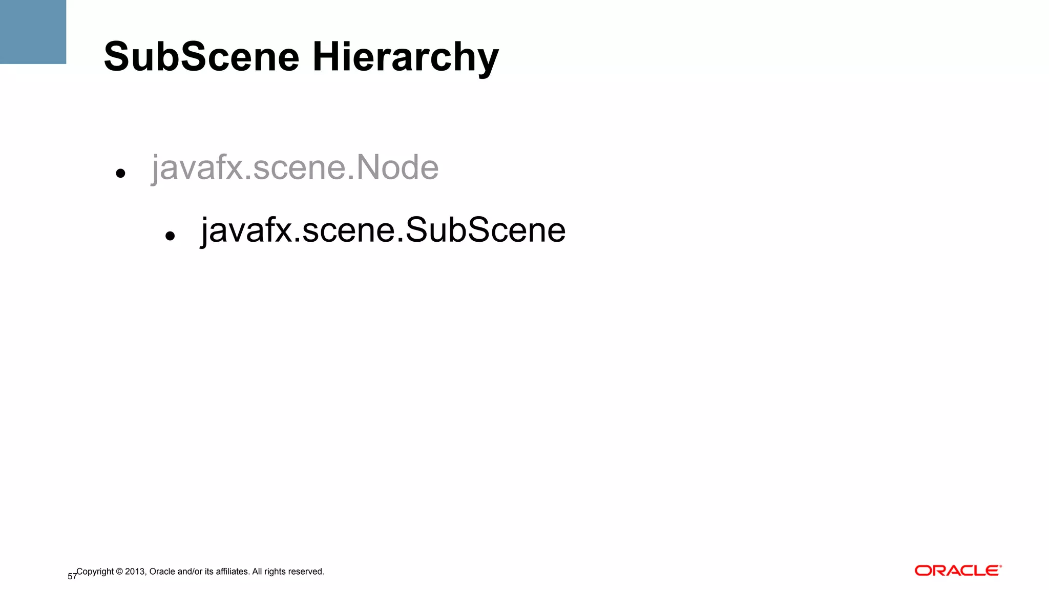 SubScene Hierarchy
" 

javafx.scene.Node
" 

javafx.scene.SubScene

Copyright © 2013, Oracle and/or its affiliates. All rights reserved.
57

 