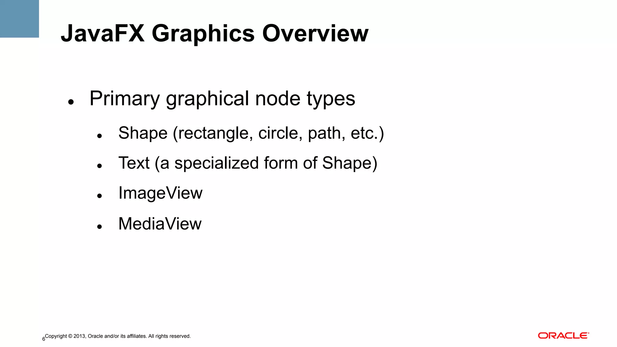 JavaFX Graphics Overview
" 

Primary graphical node types
" 

Shape (rectangle, circle, path, etc.)

" 

Text (a specialized form of Shape)

" 

ImageView

" 

MediaView

Copyright © 2013, Oracle and/or its affiliates. All rights reserved.
6

 