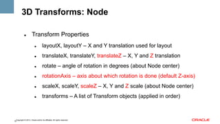 3D Transforms: Node
" 

Transform Properties
" 

layoutX, layoutY – X and Y translation used for layout

" 

translateX, translateY, translateZ – X, Y and Z translation

" 

rotate – angle of rotation in degrees (about Node center)

" 

rotationAxis – axis about which rotation is done (default Z-axis)

" 

scaleX, scaleY, scaleZ – X, Y and Z scale (about Node center)

" 

transforms – A list of Transform objects (applied in order)

Copyright © 2013, Oracle and/or its affiliates. All rights reserved.
16

 