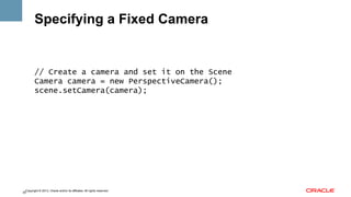 Specifying a Fixed Camera

// Create a camera and set it on the Scene
Camera camera = new PerspectiveCamera();
scene.setCamera(camera);

Copyright © 2013, Oracle and/or its affiliates. All rights reserved.
35

 