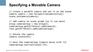 Specifying a Movable Camera
// Create a movable camera and set it on the Scene
Camera camera = new PerspectiveCamera(true);
scene.setCamera(camera);
// Add camera to scene graph (so it can move)
Group cameraGroup = new Group();
cameraGroup.getChildren().add(camera);
root.getChildren().add(cameraGroup);
// Rotate the camera
camera.rotate(45);
// Move the cameraGroup (camera moves with it)
cameraGroup.setTranslateZ(-75);
Copyright © 2013, Oracle and/or its affiliates. All rights reserved.
36

 