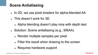 Scene Antialiasing
" 

In 2D, we use pixel shaders for alpha-blended AA

" 

This doesn’t work for 3D
" 

" 

Alpha blending doesn’t play nice with depth test

Solution: Scene antialiasing (e.g., MSAA)
" 

Render multiple samples per pixel

" 

Filter the result when drawing to the screen

" 

Requires hardware support

Copyright © 2013, Oracle and/or its affiliates. All rights reserved.
55

 