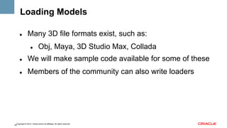 Loading Models
" 

Many 3D file formats exist, such as:
" 

Obj, Maya, 3D Studio Max, Collada

" 

We will make sample code available for some of these

" 

Members of the community can also write loaders

Copyright © 2013, Oracle and/or its affiliates. All rights reserved.
62

 