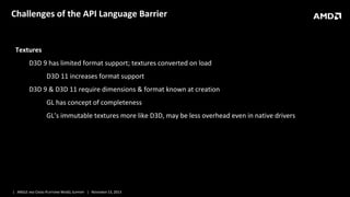 Challenges of the API Language Barrier

Textures
D3D 9 has limited format support; textures converted on load
D3D 11 increases format support
D3D 9 & D3D 11 require dimensions & format known at creation
GL has concept of completeness
GL’s immutable textures more like D3D, may be less overhead even in native drivers

| ANGLE AND CROSS-PLATFORM WEBGL SUPPORT | NOVEMBER 13, 2013

 