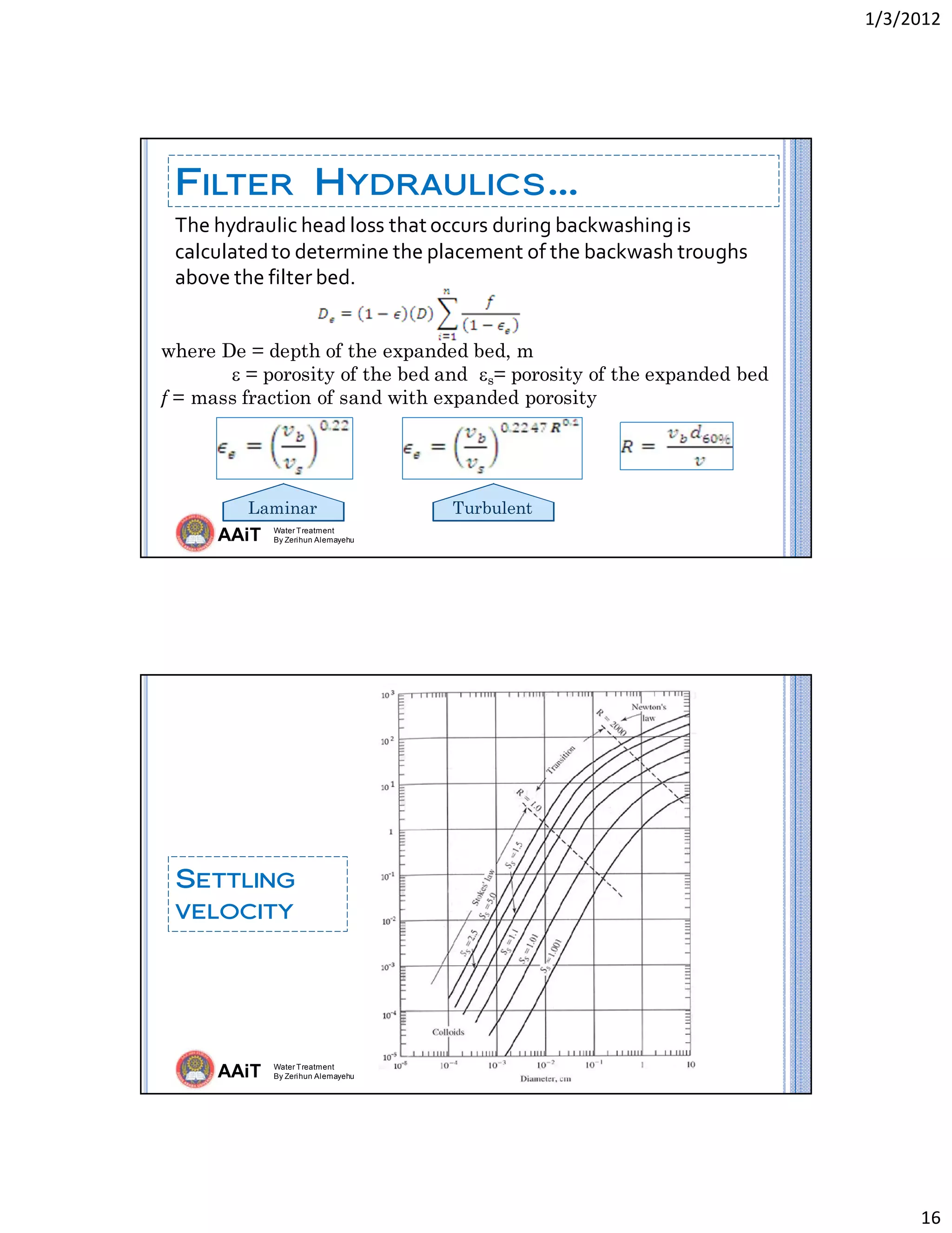 1/3/2012 
16 
AAiT Water Treatment
By Zerihun Alemayehu
FILTER HYDRAULICS…
The hydraulic head loss that occurs during backwashing is 
calculated to determine the placement of the backwash troughs 
above the filter bed.  
 
where De = depth of the expanded bed, m
 = porosity of the bed and s= porosity of the expanded bed
f = mass fraction of sand with expanded porosity
Laminar Turbulent
AAiT Water Treatment
By Zerihun Alemayehu
SETTLING
VELOCITY
 