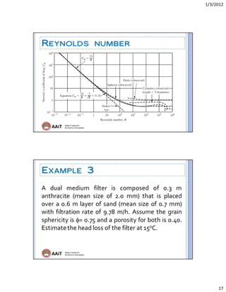 1/3/2012 
17 
AAiT Water Treatment
By Zerihun Alemayehu
REYNOLDS NUMBER
 
AAiT Water Treatment
By Zerihun Alemayehu
EXAMPLE 3
A  dual  medium  filter  is  composed  of  0.3  m 
anthracite  (mean  size  of  2.0  mm)  that  is  placed 
over a 0.6 m layer of sand (mean size of 0.7 mm) 
with filtration rate of 9.78 m/h. Assume the grain 
sphericity is = 0.75 and a porosity for both is 0.40. 
Estimate the head loss of the filter at 15oC. 
 