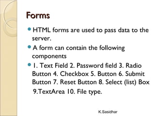 K.Sasidhar
FormsForms
HTML forms are used to pass data to the
server.
A form can contain the following
components
1. Text Field 2. Password field 3. Radio
Button 4. Checkbox 5. Button 6. Submit
Button 7. Reset Button 8. Select (list) Box
9.TextArea 10. File type.
 