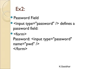 K.Sasidhar
Ex2:
Password Field
<input type="password" /> defines a
password field:
<form>
Password: <input type="password"
name="pwd" />
</form>
 