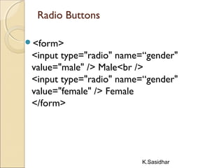 K.Sasidhar
Radio Buttons
<form>
<input type="radio" name=“gender"
value="male" /> Male<br />
<input type="radio" name=“gender"
value="female" /> Female
</form>
 