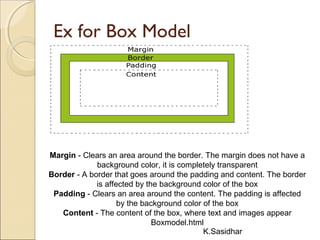 K.Sasidhar
Ex for Box Model
Margin - Clears an area around the border. The margin does not have a
background color, it is completely transparent
Border - A border that goes around the padding and content. The border
is affected by the background color of the box
Padding - Clears an area around the content. The padding is affected
by the background color of the box
Content - The content of the box, where text and images appear
Boxmodel.html
 