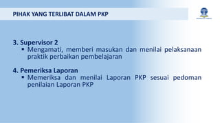 3. Supervisor 2
 Mengamati, memberi masukan dan menilai pelaksanaan
praktik perbaikan pembelajaran
4. Pemeriksa Laporan
 Memeriksa dan menilai Laporan PKP sesuai pedoman
penilaian Laporan PKP
PIHAK YANG TERLIBAT DALAM PKP
 