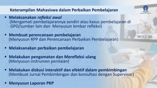  Melaksanakan refleksi awal
(Mengamati pembelajarannya sendiri atau kasus pembelajaran di
GPO/sumber lain dan Menyusun lembar refleksi)
 Membuat perencanaan pembelajaran
(Menyusun RPP dan Perencanaan Perbaikan Pembelajaran)
 Melaksanakan perbaikan pembelajaran
 Melakukan pengamatan dan Merefleksi ulang
(Menyusun instrumen penilaian)
 Melakukan diskusi interaktif dan efektif dalam pembimbingan
(Membuat Jurnal Pembimbingan dan konsultasi dengan Supervisor)
 Menyusun Laporan PKP
Keterampilan Mahasiswa dalam Perbaikan Pembelajaran
 