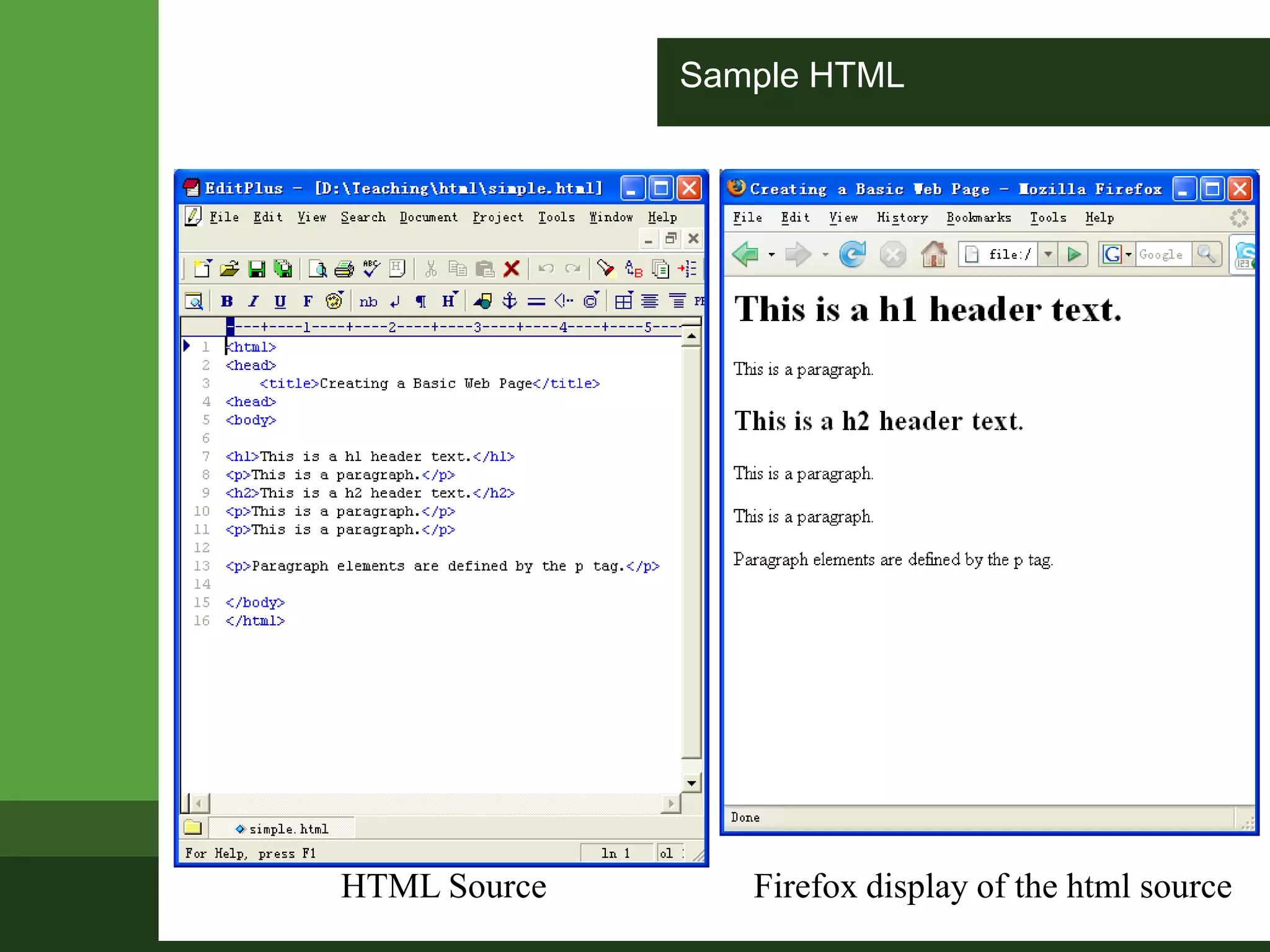 Sample HTML
HTML Source Firefox display of the html source
 